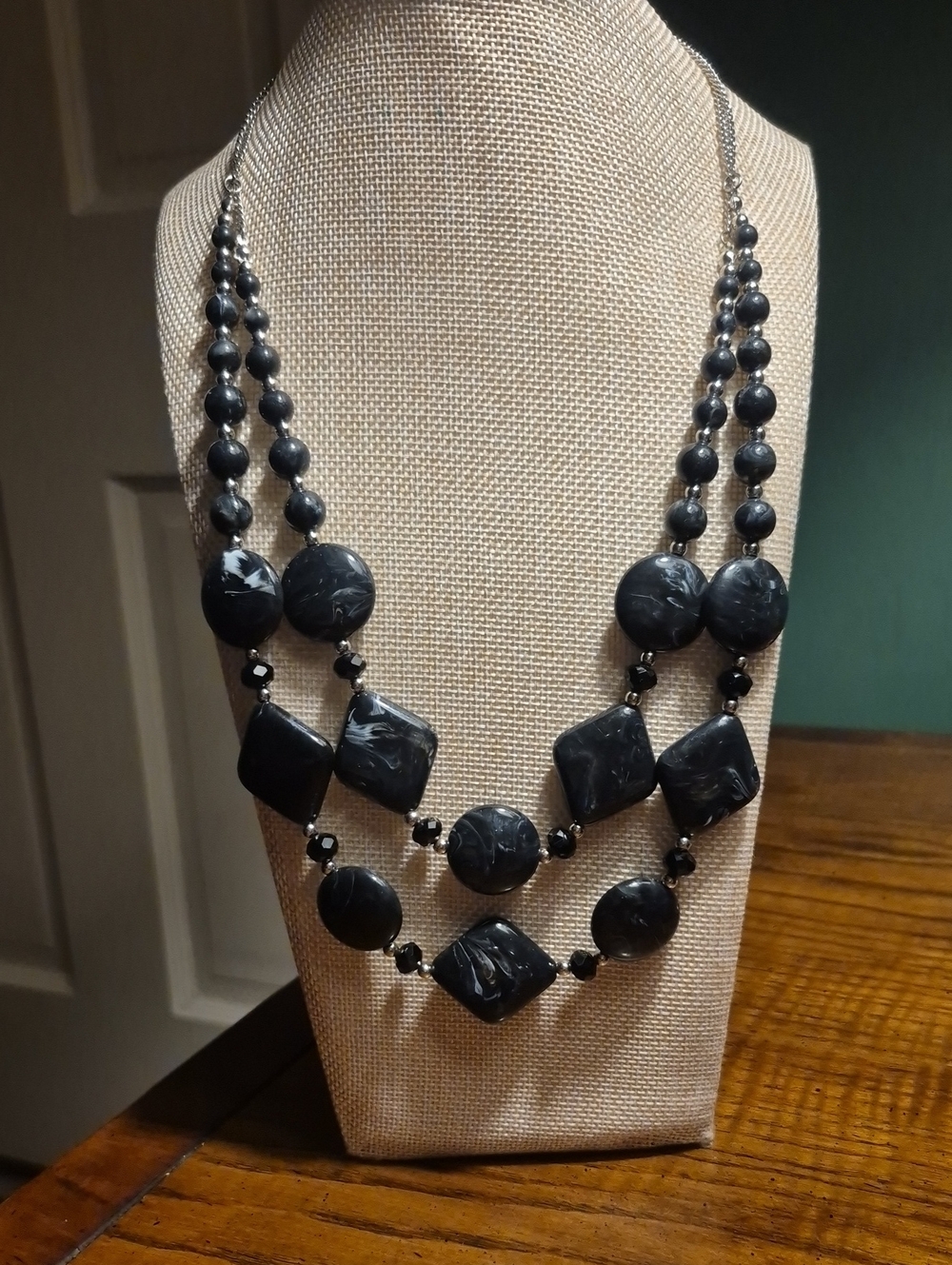 1946 Black Double-Strand Black Marbled Acrylic Statement Necklace